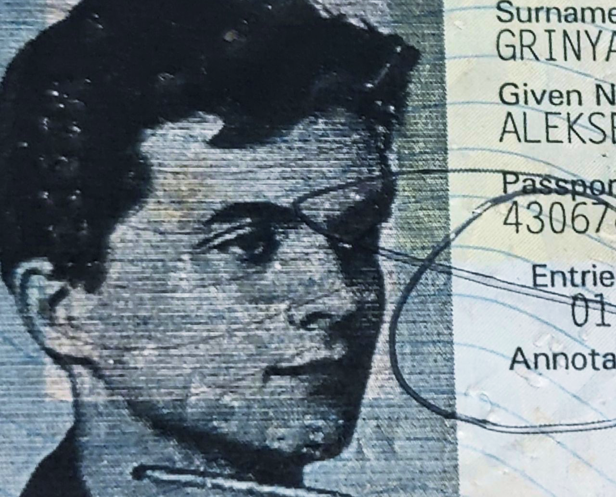 Close-up of a U.S. visa page bearing Alex Grinyayev's name