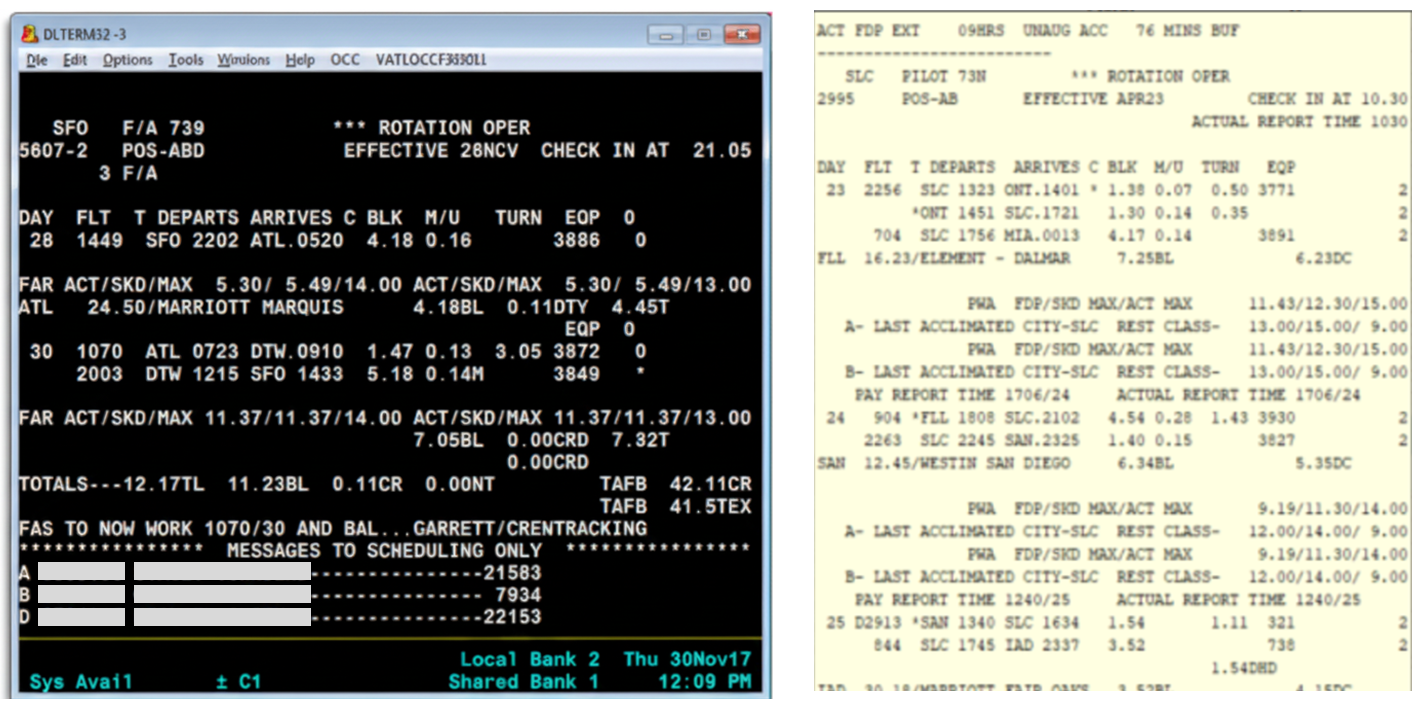 Legacy mainframe terminal — command-line rotation and duty-period screens