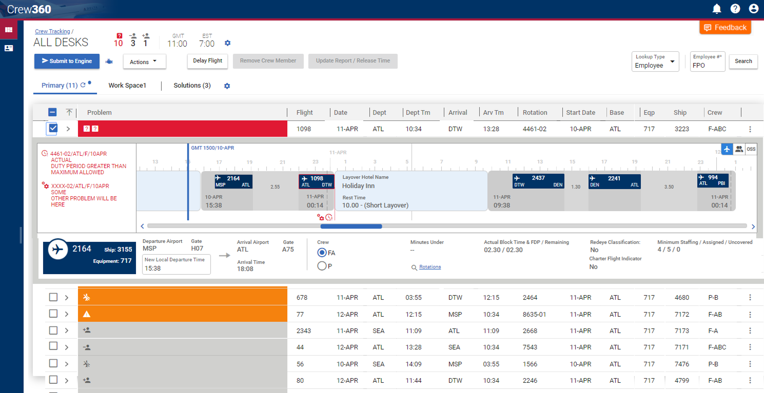 Rotation details — duty-period timeline with layover hotel and rest time