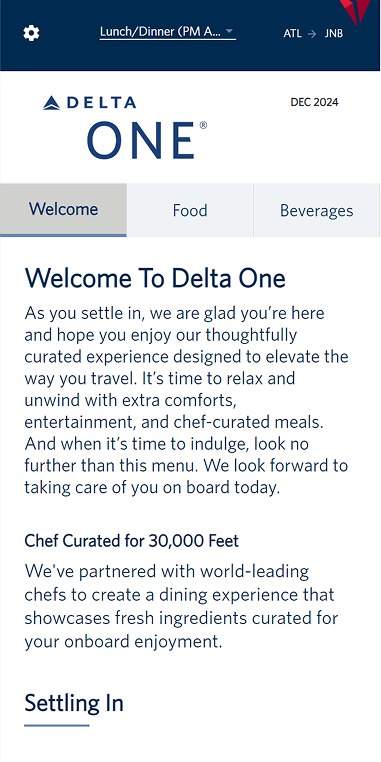 Delta ONE welcome screen with Food and Beverages tabs