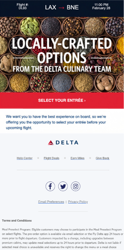 Delta meal pre-selection email with a Select Your Entrée call to action
