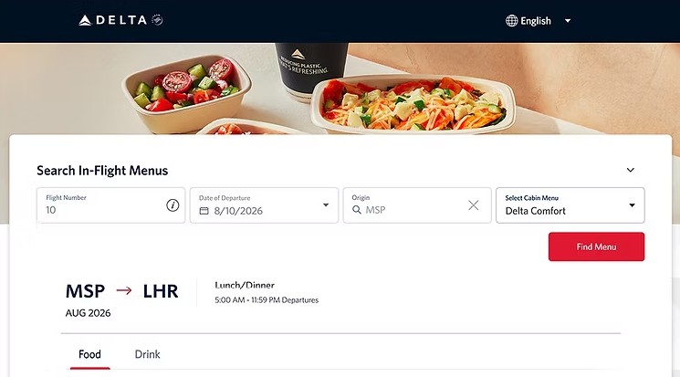 Delta Pre-Select Meal Experience — in-flight menu search screen