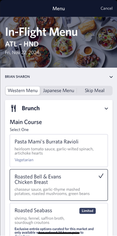 Fly Delta app in-flight menu with Western and Japanese menu tabs and a main course selection