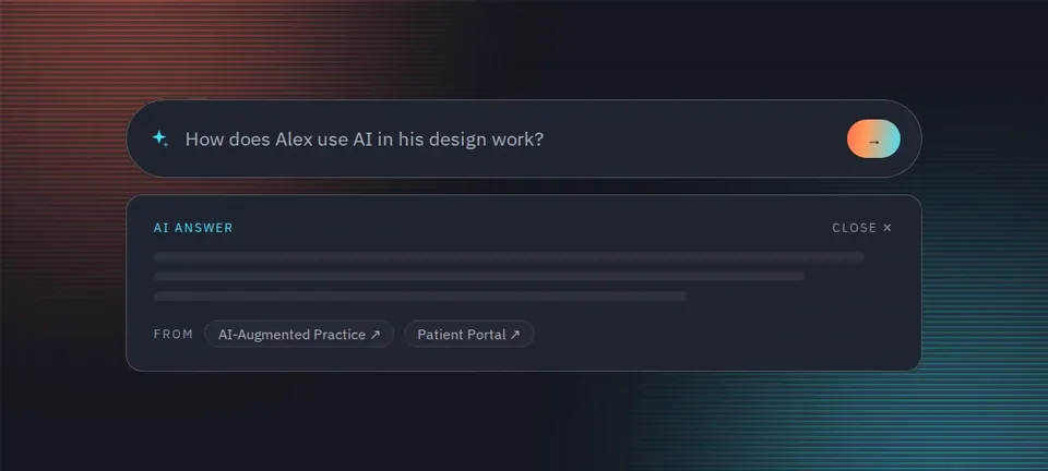 The home-page ask field with a sample question, an AI answer panel and source chips pointing to case studies