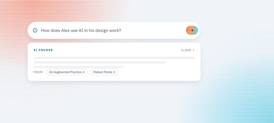 The home-page ask field with a sample question, an AI answer panel and source chips pointing to case studies