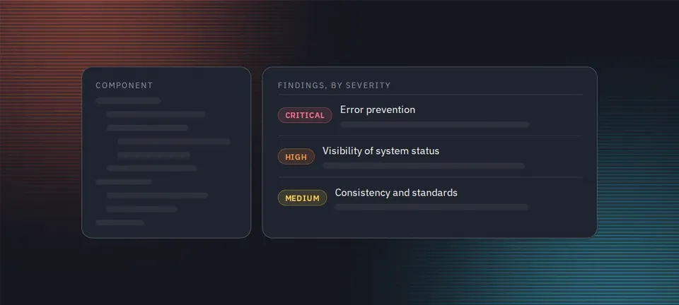 A pasted component on the left and severity-rated findings on the right, each tied to a Nielsen Norman Group heuristic