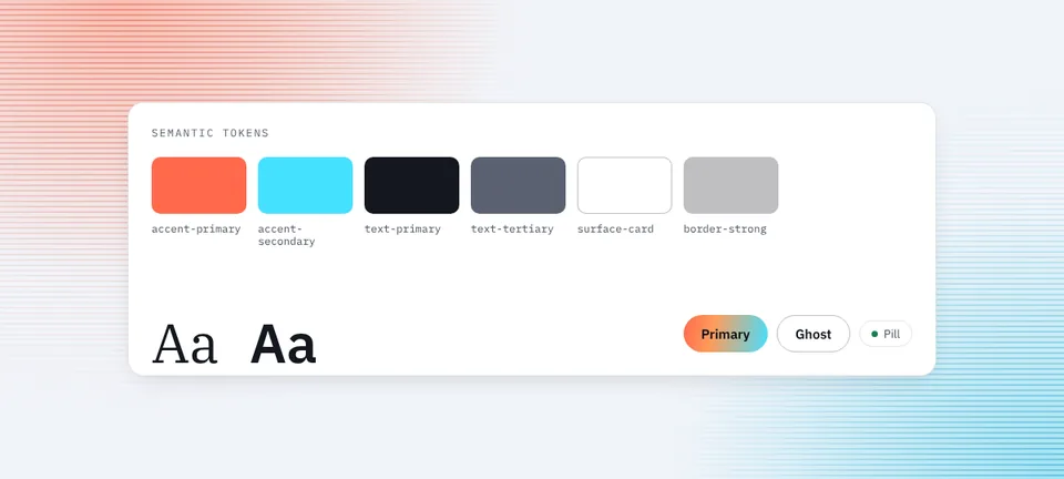 Design tokens, type and components: coral and cyan swatches with token names, a serif and sans type specimen, and a primary button, ghost button and pill