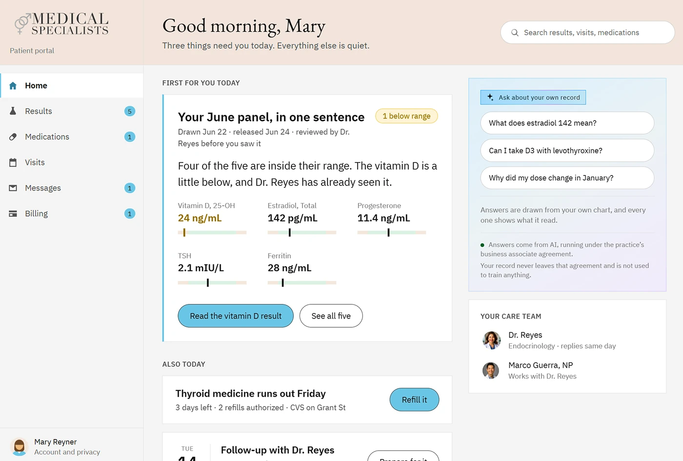 Patient portal prototype home screen with a plain-language results summary and an ask-about-your-own-record panel