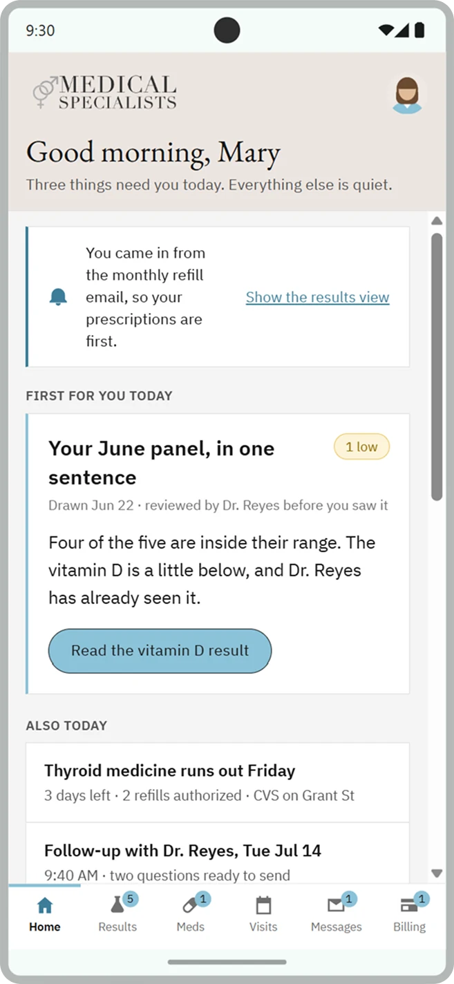 Refined concept home screen: a warm banner greeting the patient, a first-for-you-today card with a one-sentence results summary, and a six-tab bottom bar