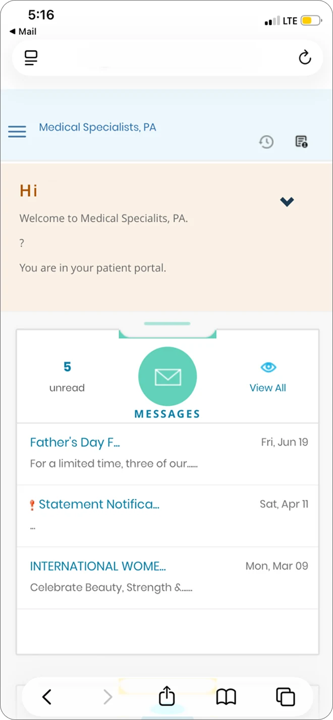 Existing portal home screen on mobile: a welcome banner above a messages card showing an unread count, a View All link and a short list of messages