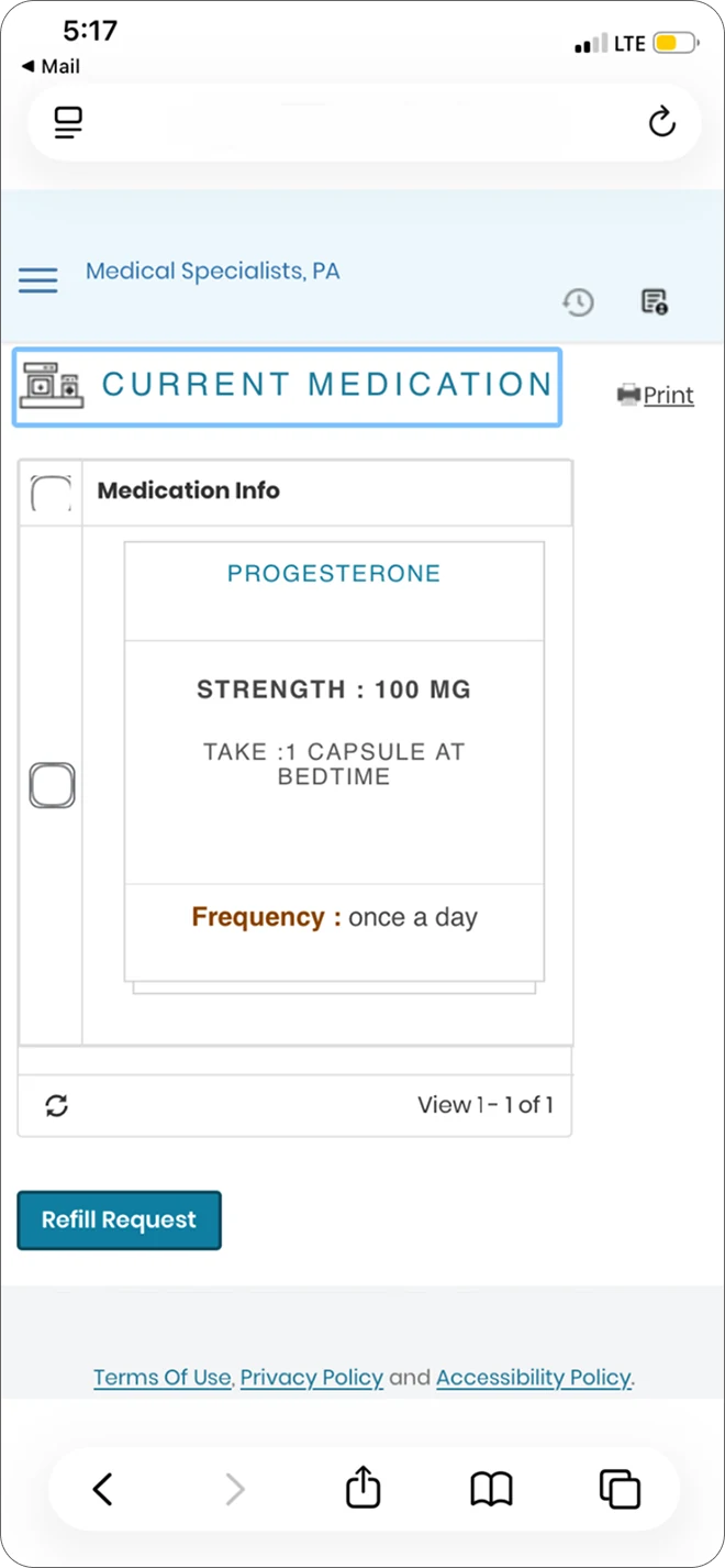 Existing portal medication screen on mobile: a table with a checkbox and one prescription as dense uppercase text, and a Refill Request button below