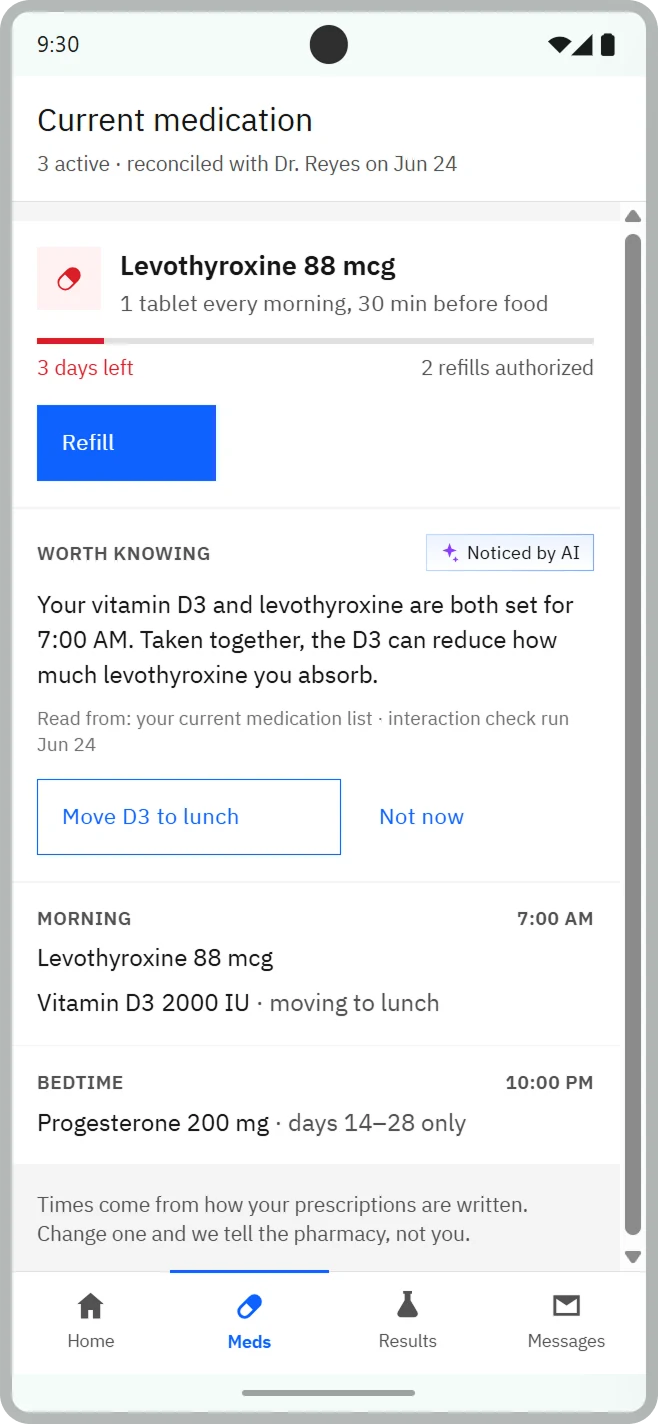 Exploration of the medication screen: one prescription card with days left and a Refill button, a Noticed by AI note with a Move to lunch action, and a morning and bedtime schedule