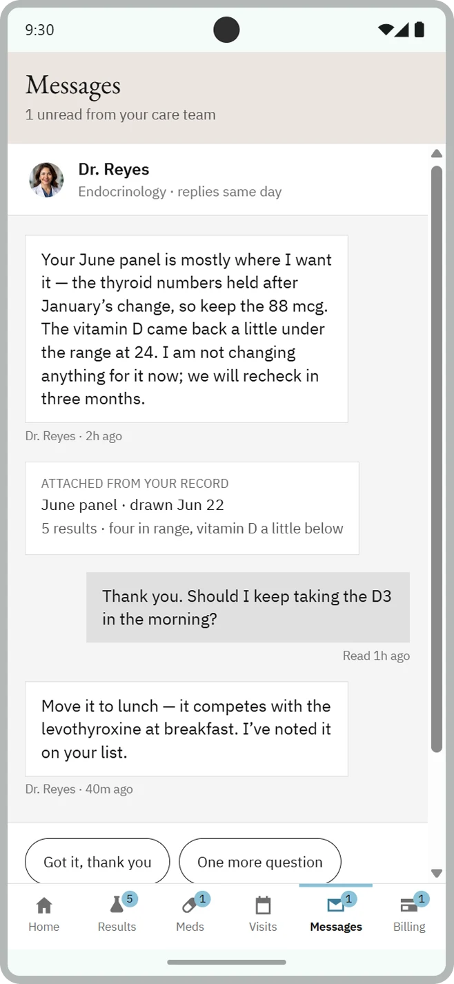 Refined concept messages screen: a single conversation thread with the care team, an attached result summary and quick reply buttons
