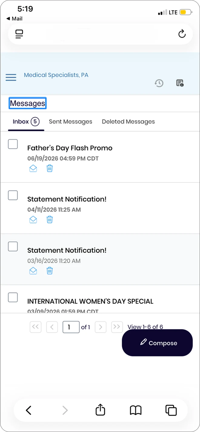 Existing portal messages inbox on mobile: tabs for Inbox, Sent and Deleted, and a list of promotional and statement notification messages with checkboxes and a Compose button