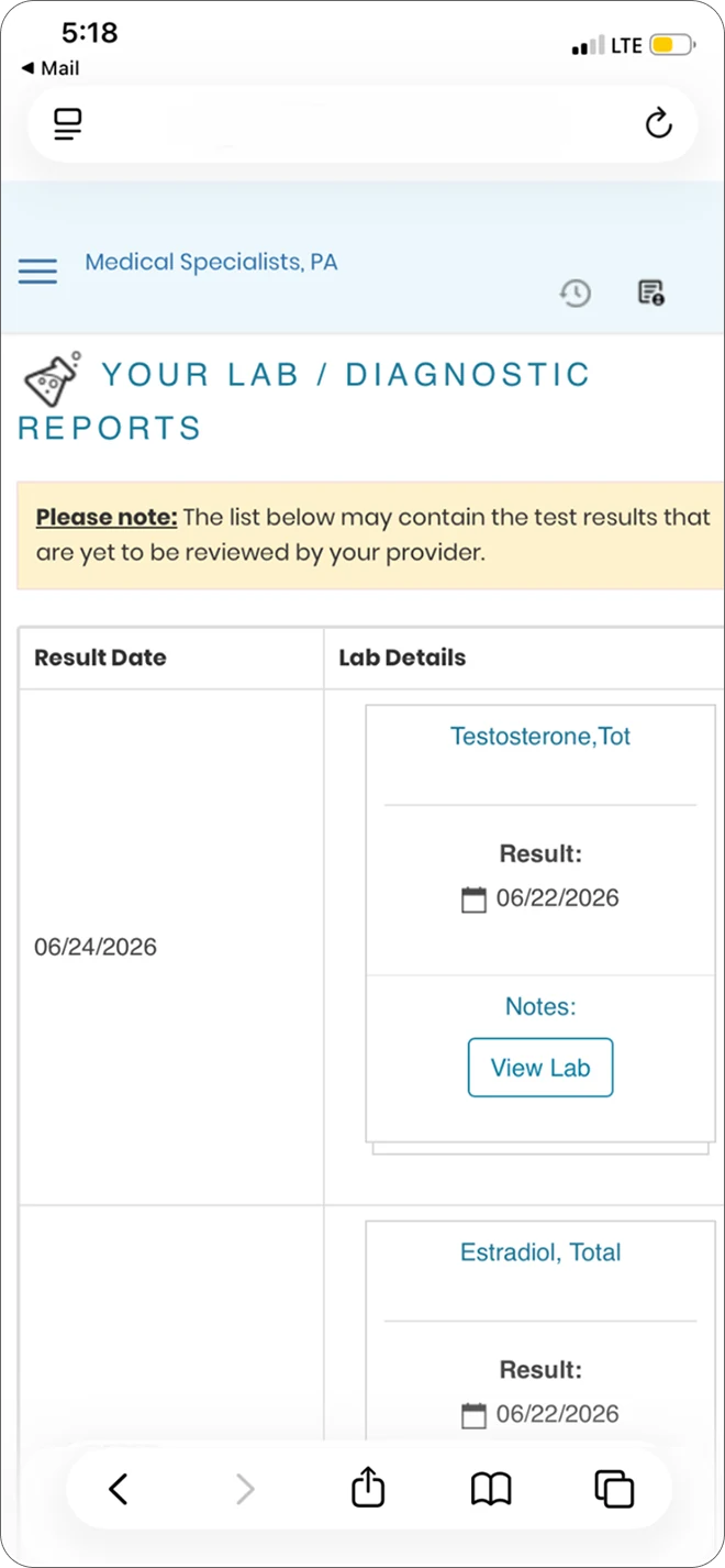 Existing portal lab reports screen on mobile: a notice that results may not yet be reviewed, then a table of result dates with lab cards and a View Lab button
